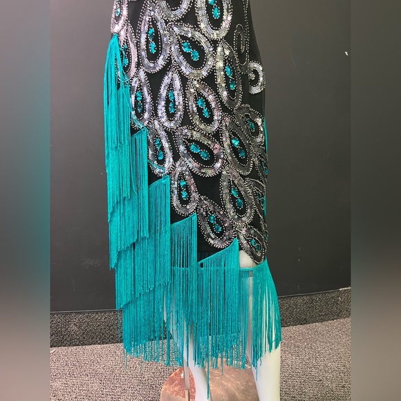 BabeYond black green and Silver peacock embroidered fringe flapper dress XL - Picture 4 of 15